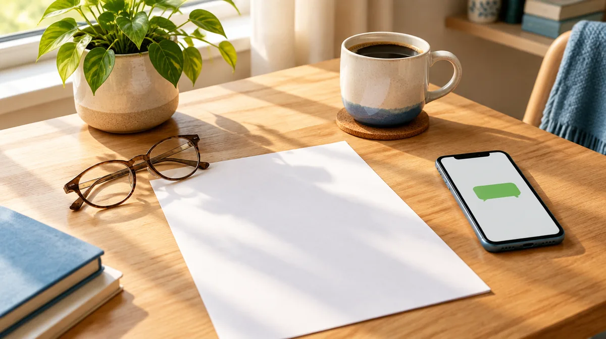Un escritorio soleado con un documento en blanco, unas gafas, un café y un móvil con un mensaje.