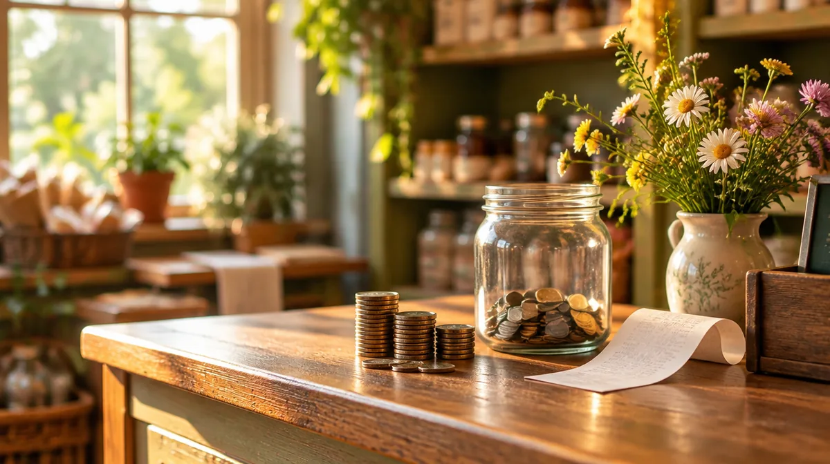 Un montón de monedas y un tarro con más sobre el mostrador de madera de un pequeño negocio, con luz de tarde.