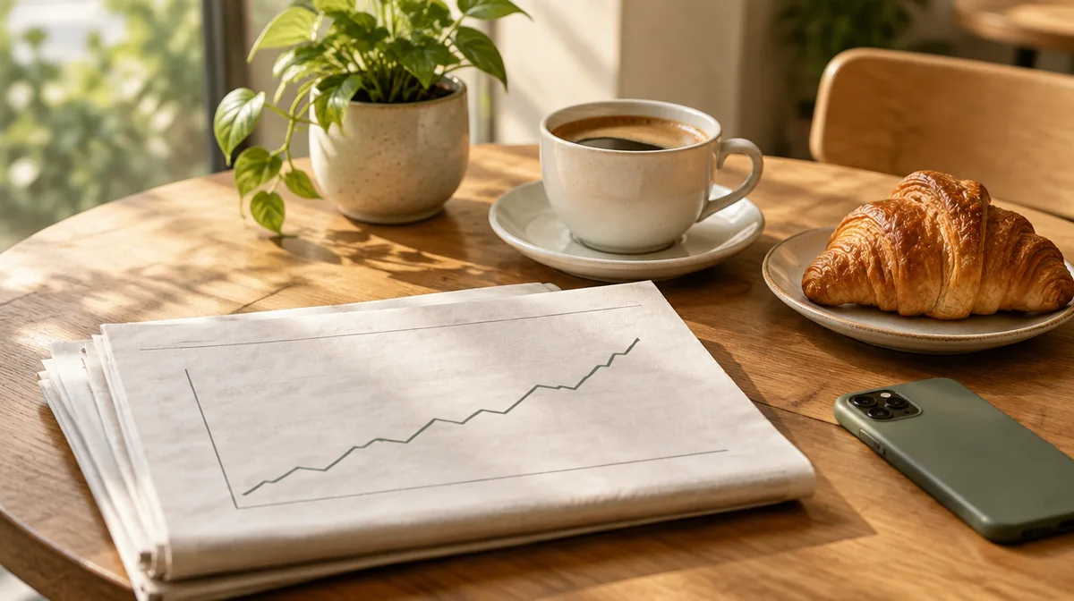 Un periódico doblado con un gráfico de líneas sobre una mesa de café soleada, junto a un café y un croissant.