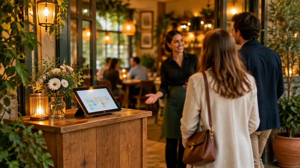 La entrada de un restaurante de barrio al atardecer, con una tablet que muestra el calendario de reservas.