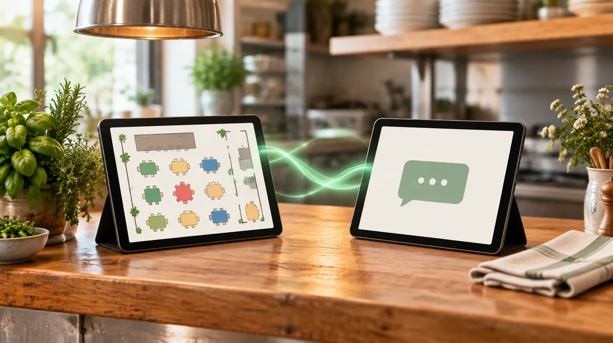 Dos tablets en el pase de cocina, una con el plano de mesas y otra con un chat, unidas por una línea de luz.