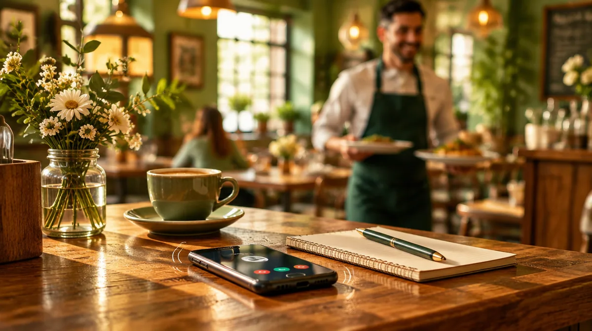 Una barra de restaurante a mediodía con el teléfono sonando junto a una libreta y un camarero al fondo.
